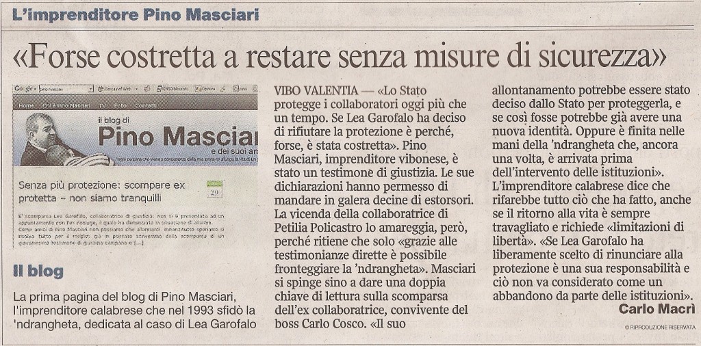 070210 Corriere Della Sera - Pino Masciari - Forse Costretta a Restare Senza Misure di Sicurezza